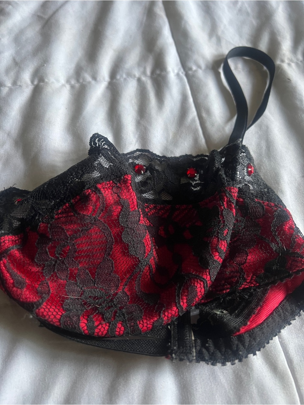 BLACK AND RED VINTAGE LACE BALCONETTE BRA WITH GEMS - Picture 2 of 9